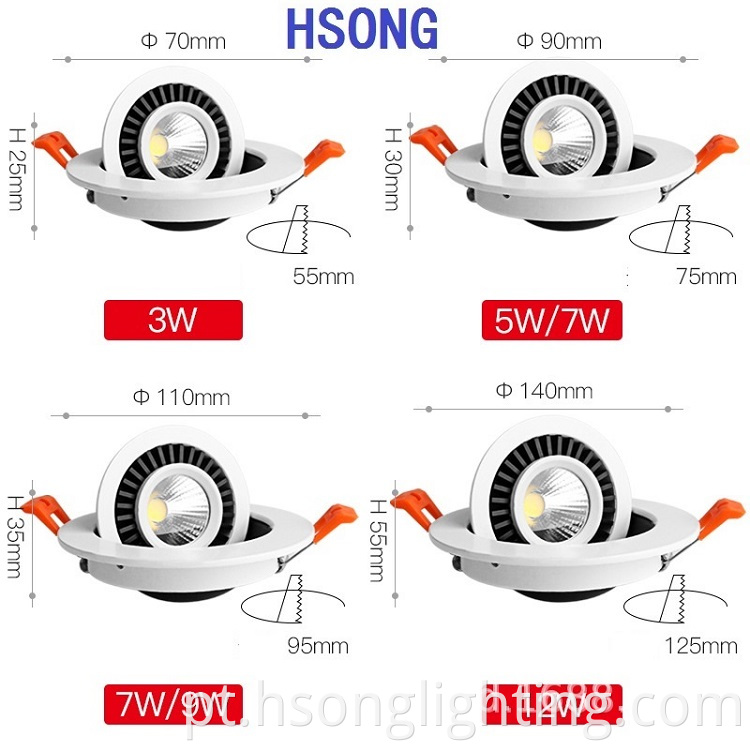 2021New 7W 12W LED 360 graus Gire Gimbal Cob downlight